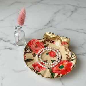 Vintage Pink Rose Floral Seashell Trinket Dish